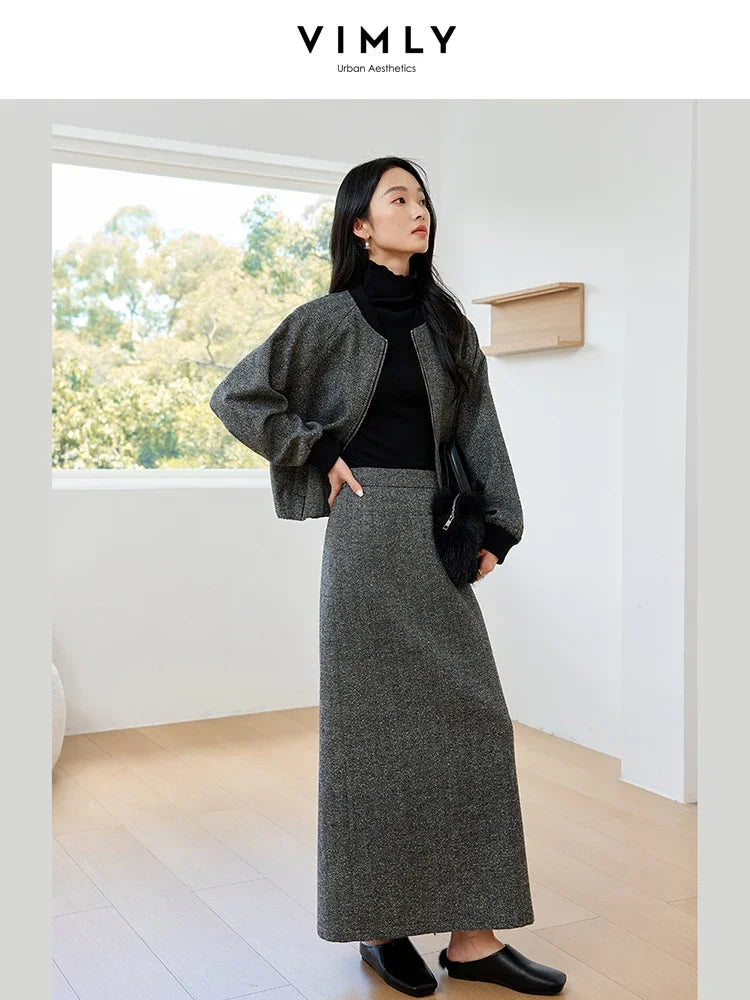 VIMLY Women's Simple Solid Tweed 2Piece Set Autumn Winter Office Lady Outfits Cardigan Short Jacket Straight-cut Slit Skirt Sets
