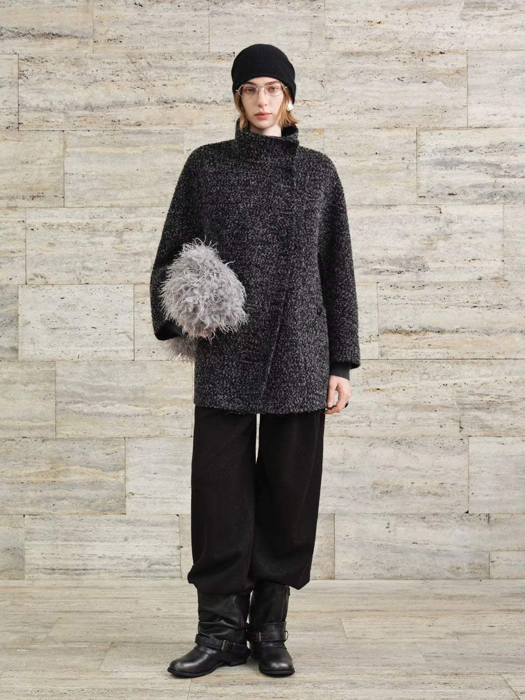 【Premium Series】 Women's Tweed Pattern Turtleneck Wool Blend Overcoat - Elegant Winter Long Coat for Business Casual