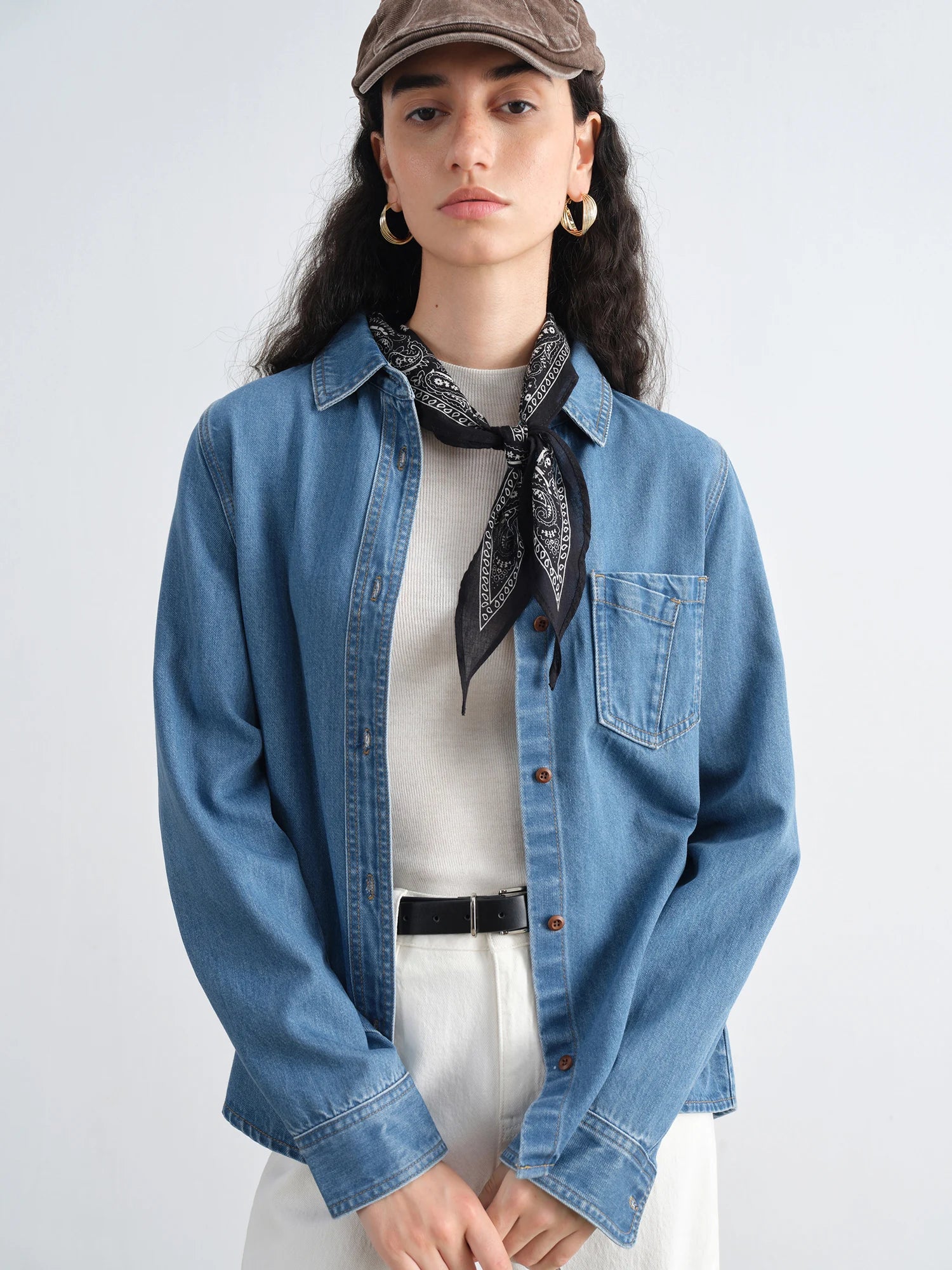 ZIQIAO Petite Size Denim Blue Straight Shoulder Long Sleeve Shirt For Female 2025 Autumn New Arrival Retro Casual Top
