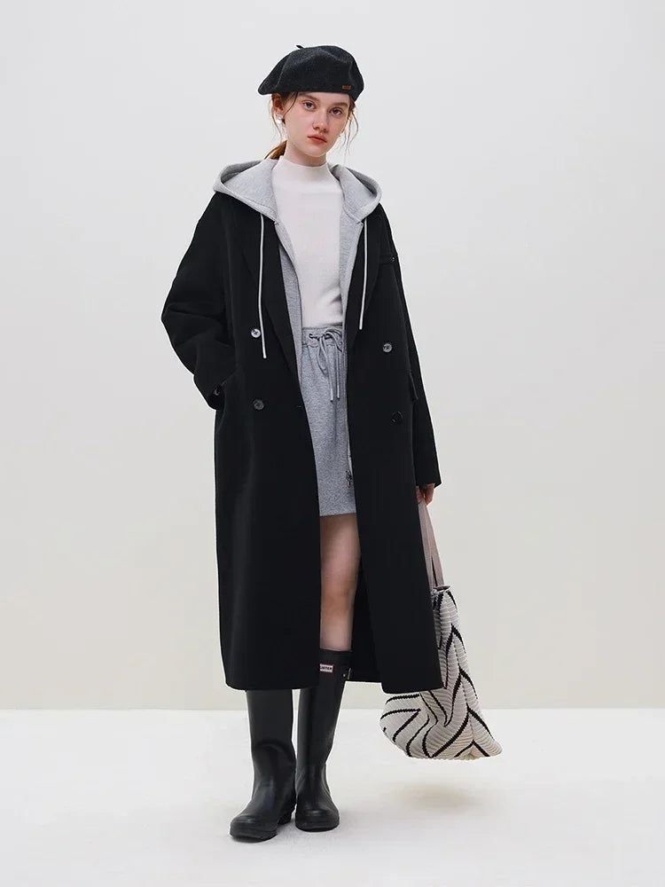 FSLE 95.2% Wool 4.8% Camel Hair Temperament Oatmeal Long Woolen Jackets Notched Collar Double Breasted Button Decoration Coats