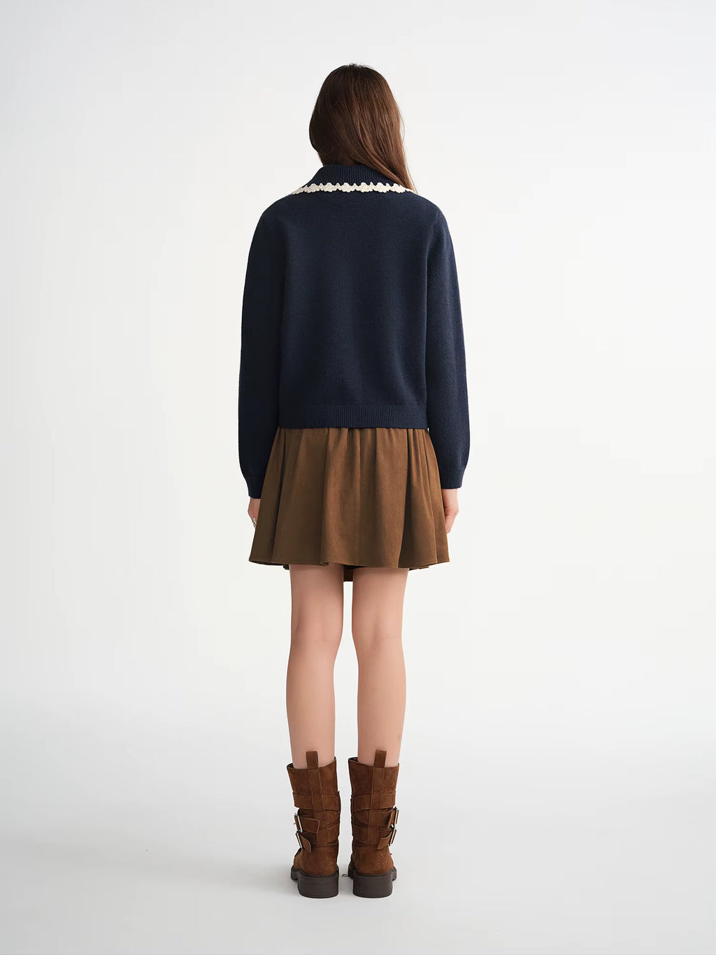 Women's Fashion Embroidery Hook Flower Knit Cardigan with Sweet Lace Edges Turned-Up Collar Flattering Sweater Cardigan