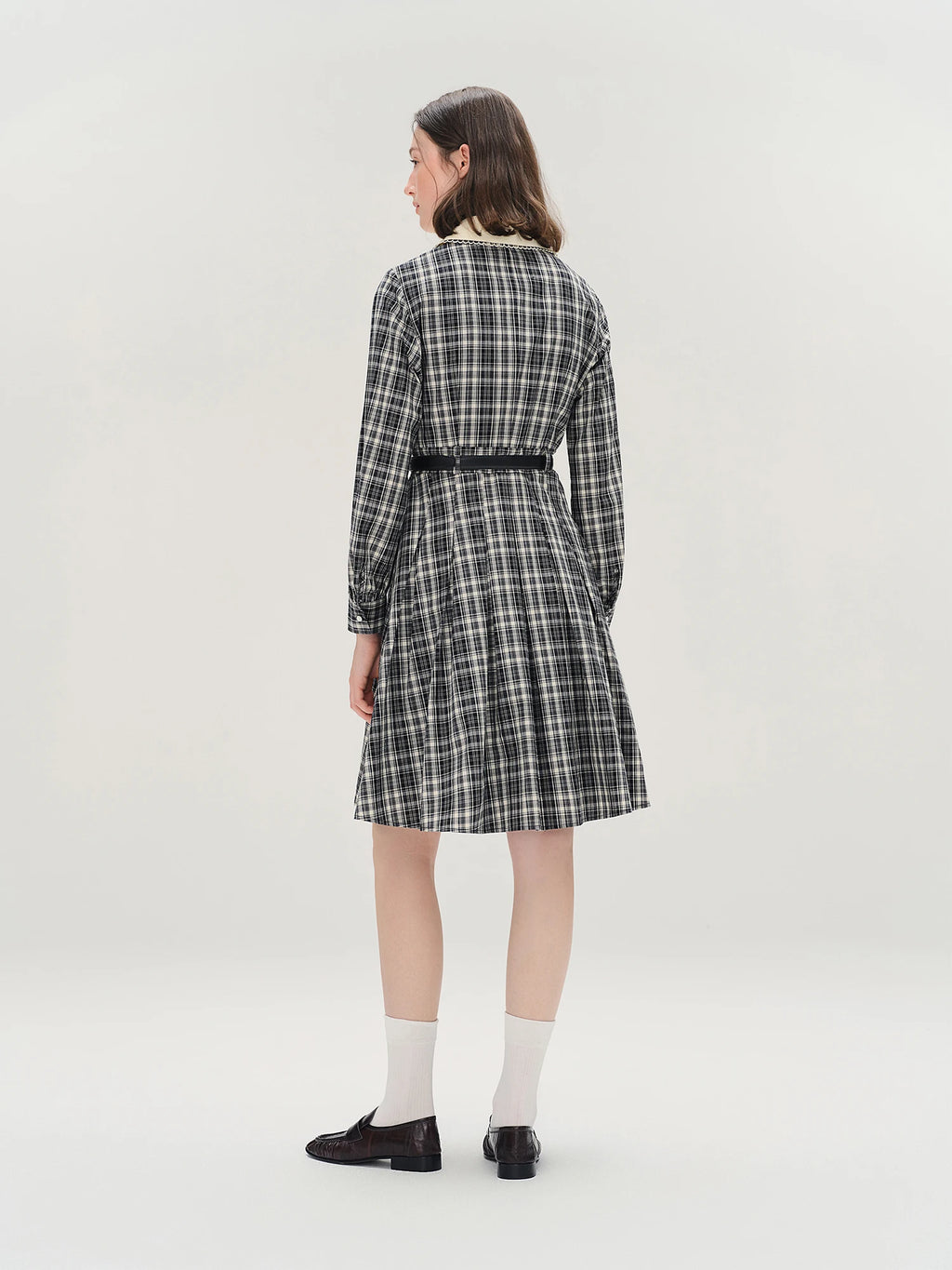 DUSHU Lace Peter Pan Collar Plaid Dress Women 2025 Autumn New Style Long Sleeve Knee Length Vintage Girlish British Style