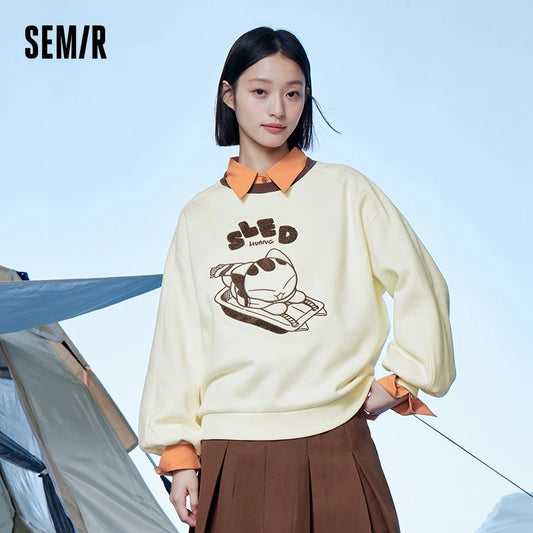 Semir Sweatshirt Women Contrast Color Loose Winter 2024 New Popular Antibacterial Heat Storage Fleece Women Clothing