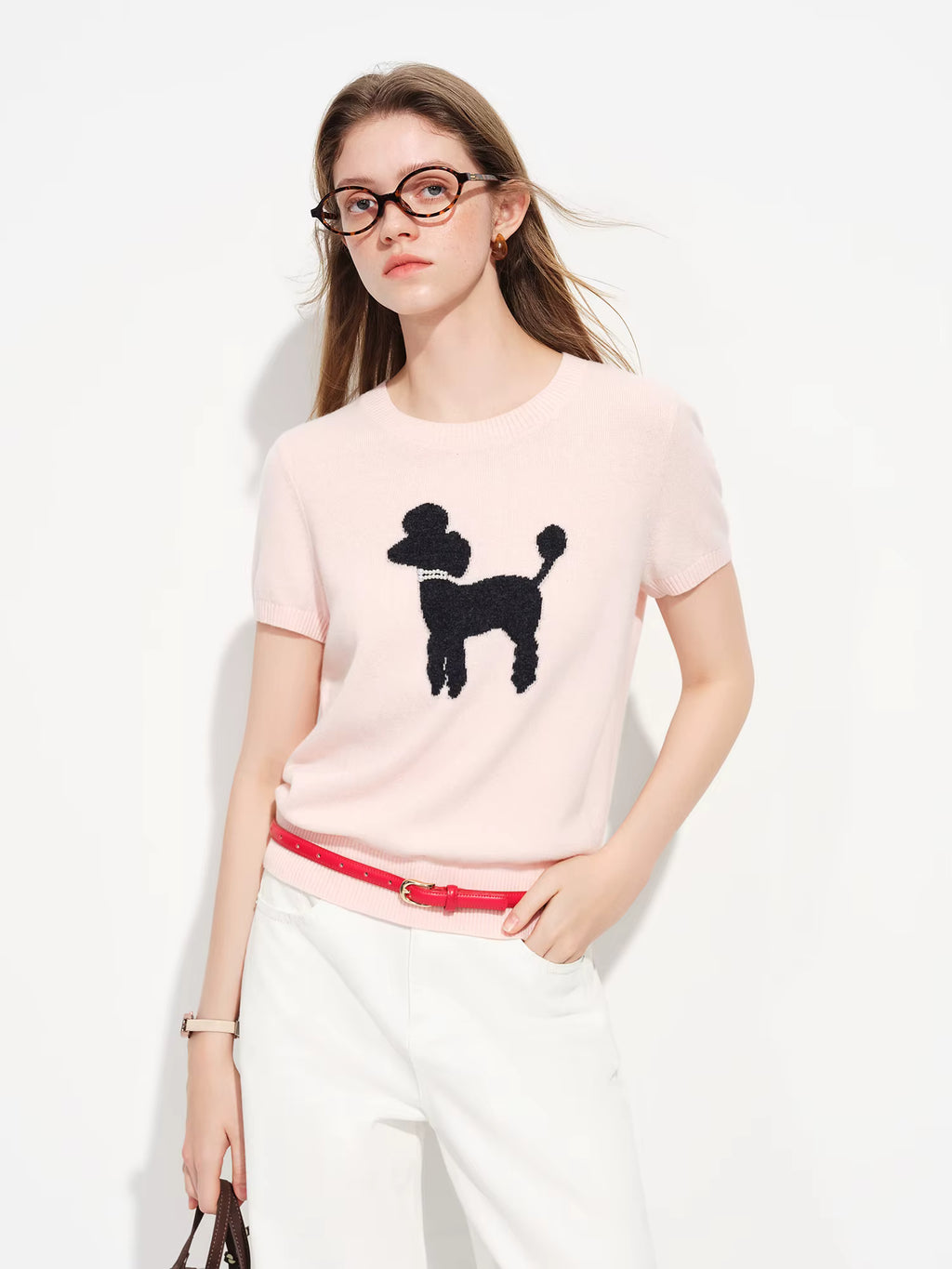 Women's Spring 2026 New Style Faux Pearl Embellished Fun Puppy Short-Sleeve Knit Sweater Citywalk Daily Homewear