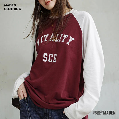 Maden Cotton Long Sleeve T-shirt for Women Burgundy Color Contrast Round Neck Tops Spring and Autumn Inner Wear Loose Tees