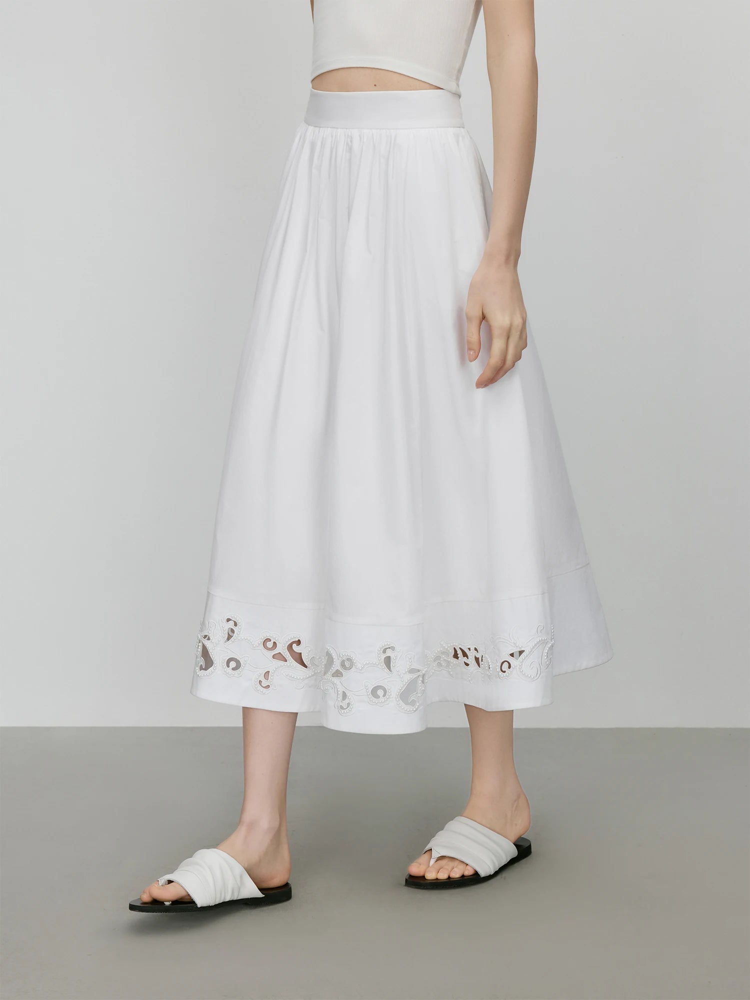 FSLE【Premium Series】100% Cotton Embroidery Design Female Sleeveless Shirt Zipper Waist Long A-LINE Skirts 2025 Summer