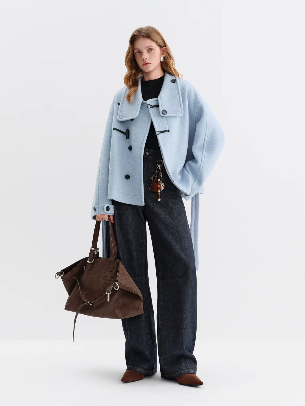 2025 Winter Women's Retro Pea Coat Short Wool Blend Jacket with Large Lapel Horn Buttons - Relaxed Fit Casual Outerwear