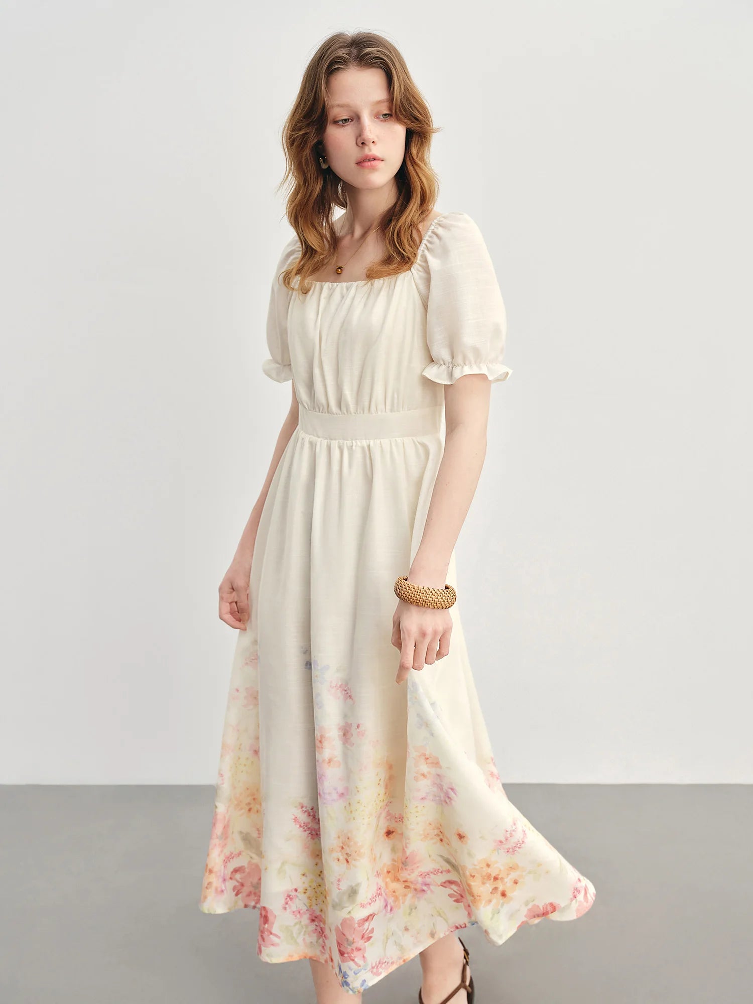 DUSHU 2025 Summer Textured Floral Dress - Regal Bubble Sleeve Fluid Silhouette Resort to Office