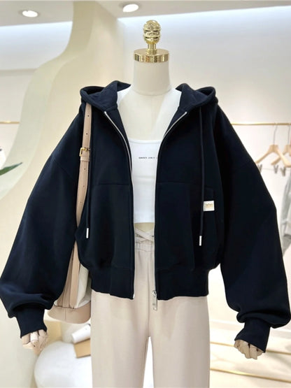 Double Zippered Hooded Sweatshirt 2024 New Spring Korean Casual Versatile Solid Color Short Women's Fashionable Cardigan Jacket