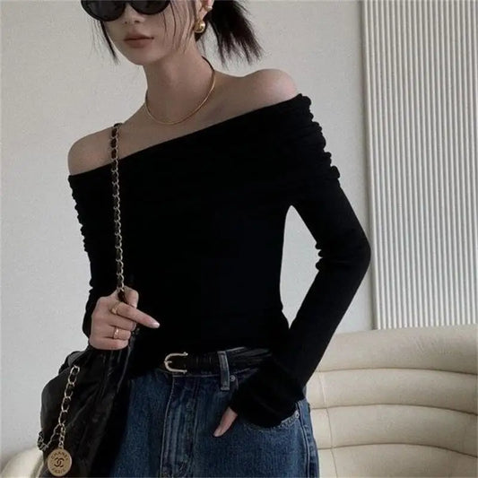 Black Sexy Tops Off Shoulder Long Sleeve T-shirt Women's Solid Elegant Autumn/Winter New Spicy Girl Slim Fit Short Red Crop Top