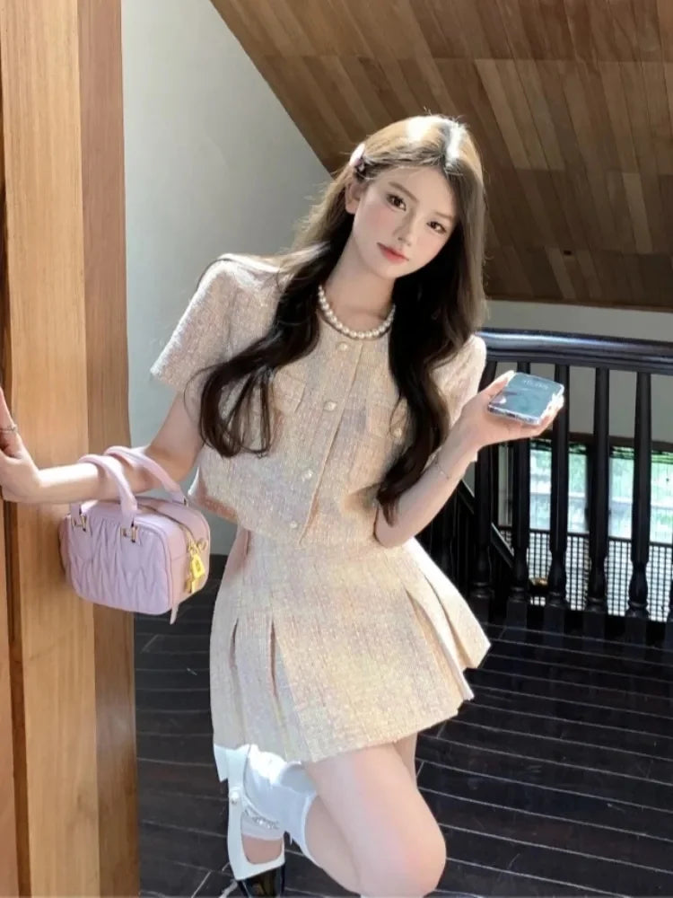 Korea Elegant Two Piece Sets Vintage Office Lady Chic Fashion Puff Sleeve Crop Top + A Line Mini Skirts Suit Retro Summer Outfit