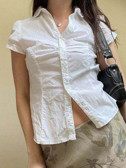 Solid Shirring Button Up Turn Down Collar Short Sleeve White Shirts Women Simple Casual Summer Clothes