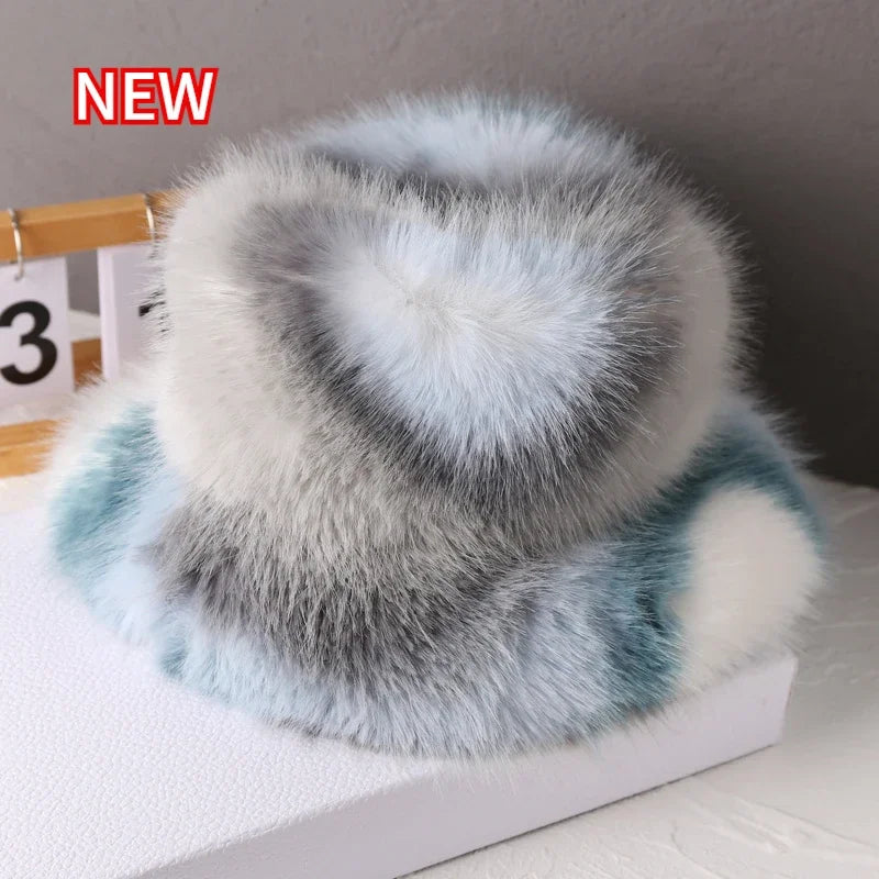 2024 Fluffy Faux Fur Bucket Hats Women Rabbit Fur Warm Thick Plush Winter Hat Lady Fashion Luxury Panama Furry Fisherman Cap Y2k