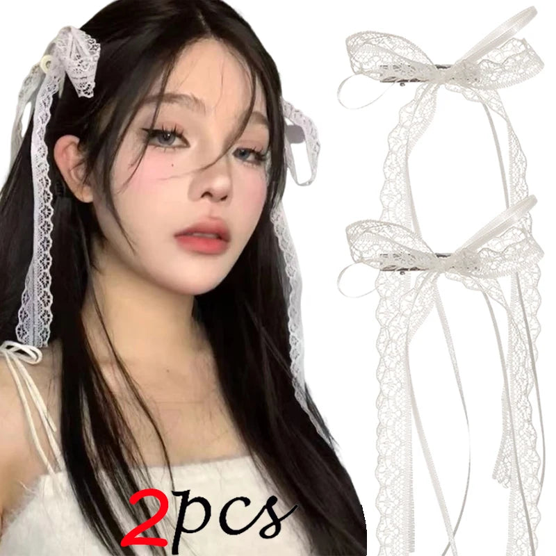 Korean Lace Cream White Bow Ribbon Hair Clip for Women Hairpins Bullet Style Side Shredded Hairpin Headpiece Clip New Headwear