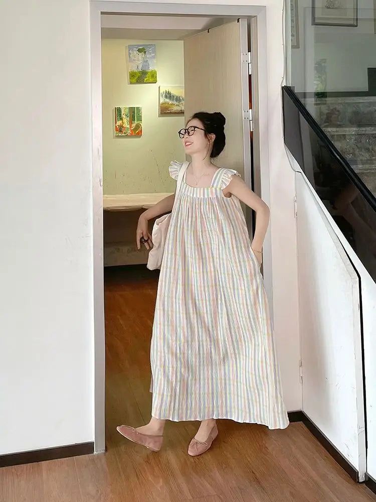New Korean Style Sweet Pajamas Dress Spagehtti Strap Long Nightgown Home Clothing Female Cute Colorful Striped Loungewear