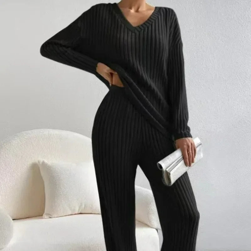 Women's Pajamas Autumn Winter New Casual Straight Pants Pullover Sleepwear Loose V Neck Knitted Home Wear Two Piece Loungewear