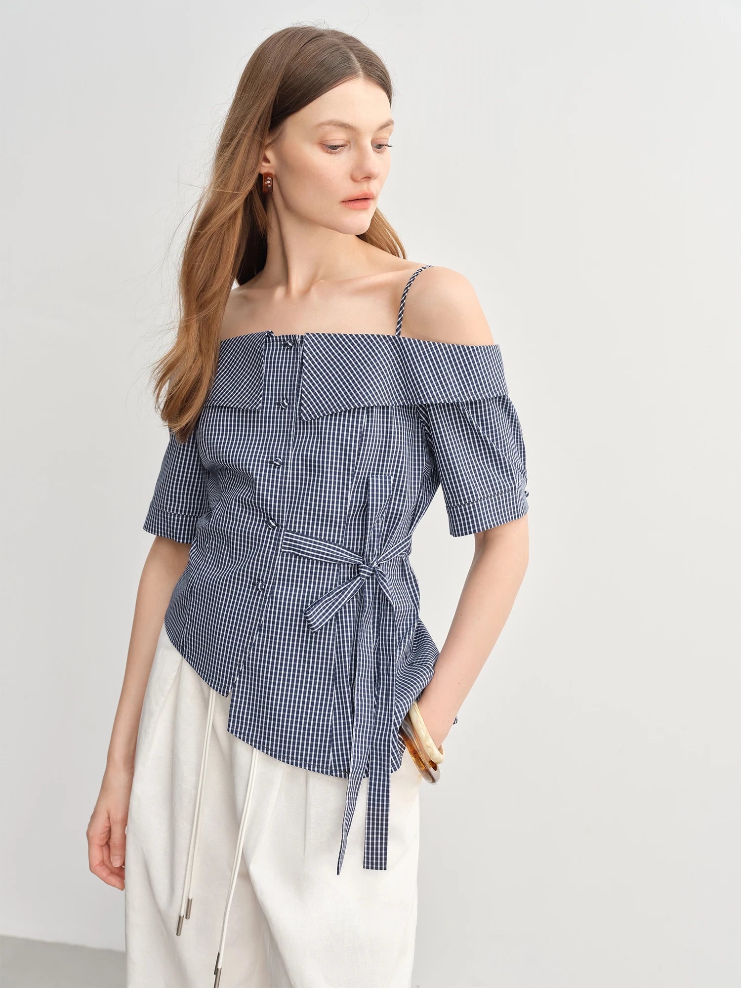 2025 Summer Women's Gingham Strappy Top - Adjustable Ties Short Sleeve Shirt with Flattering Silhouette & Design Details