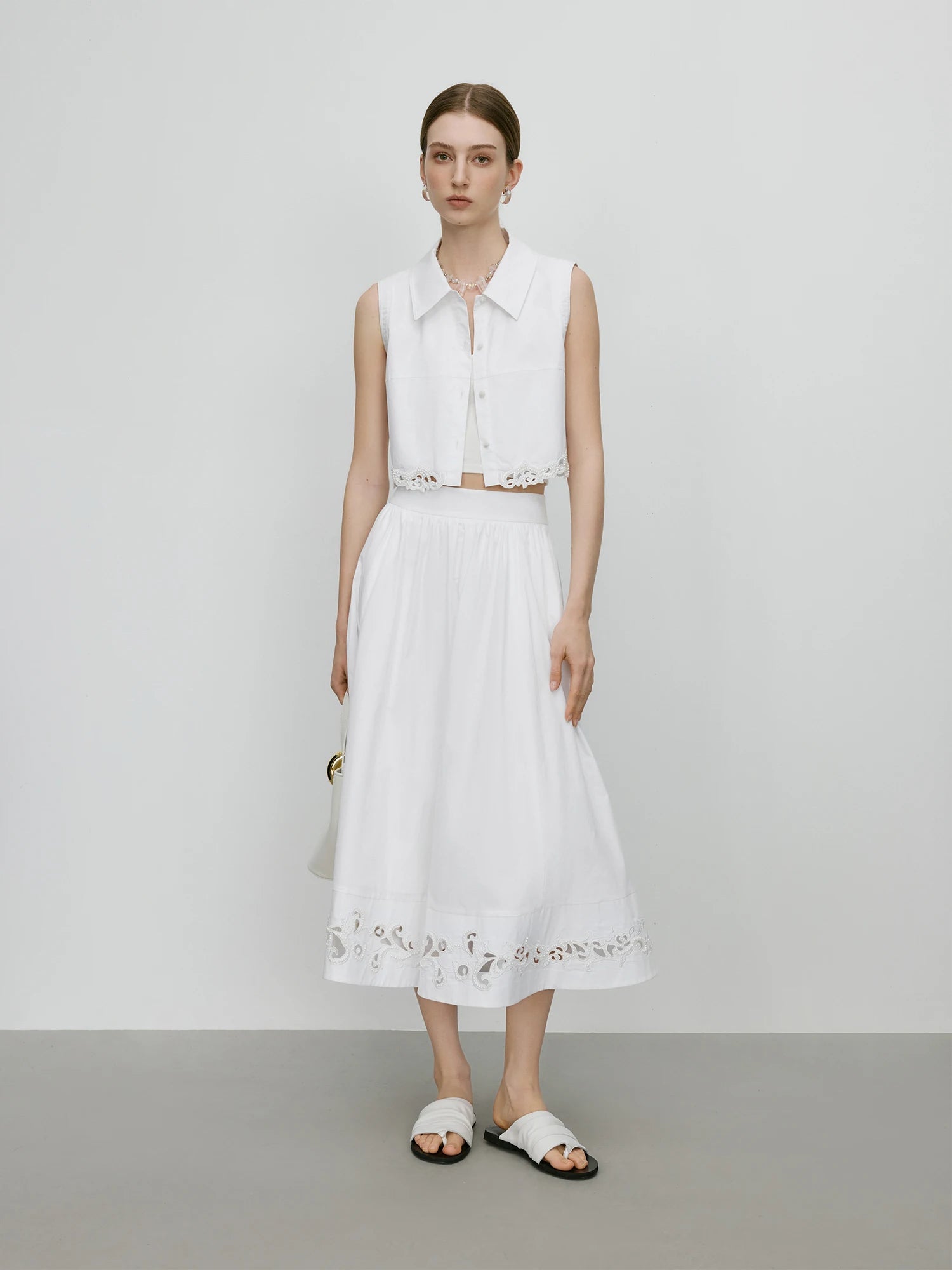 FSLE【Premium Series】100% Cotton Embroidery Design Female Sleeveless Shirt Zipper Waist Long A-LINE Skirts 2025 Summer