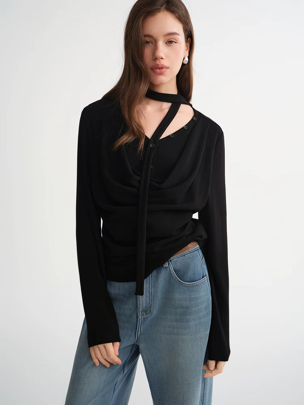 Plus-Size Women Layered Art Long-Sleeve T-Shirt with Floating Ribbon neckline Mock Two-Piece Slimming Top for Curvy Women