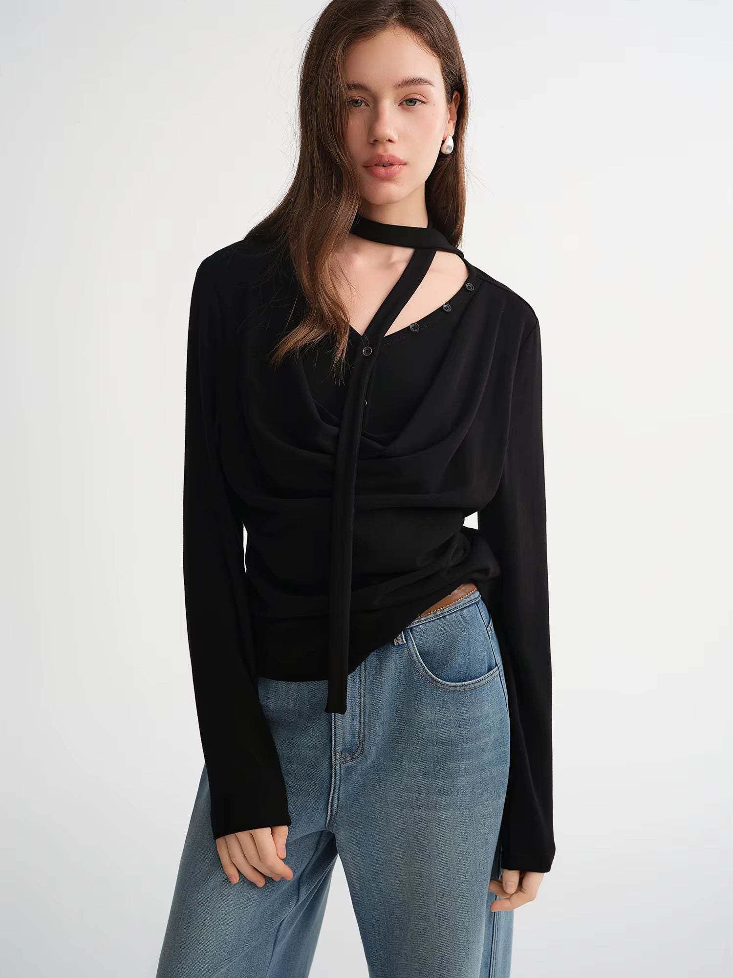 Plus-Size Women Layered Art Long-Sleeve T-Shirt with Floating Ribbon neckline Mock Two-Piece Slimming Top for Curvy Women