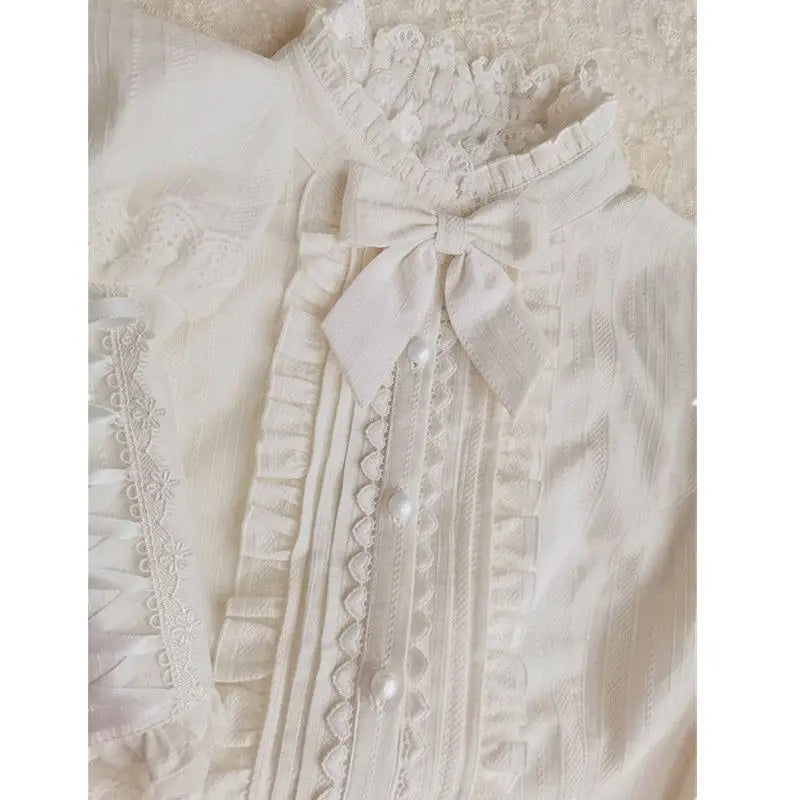 QWEEK Lace White Shirt Women Lolita Style Gigot Sleeve Beautiful Blouses Japanese Long Sleeve Ruffle Pleated Tops Kawaii Clothes
