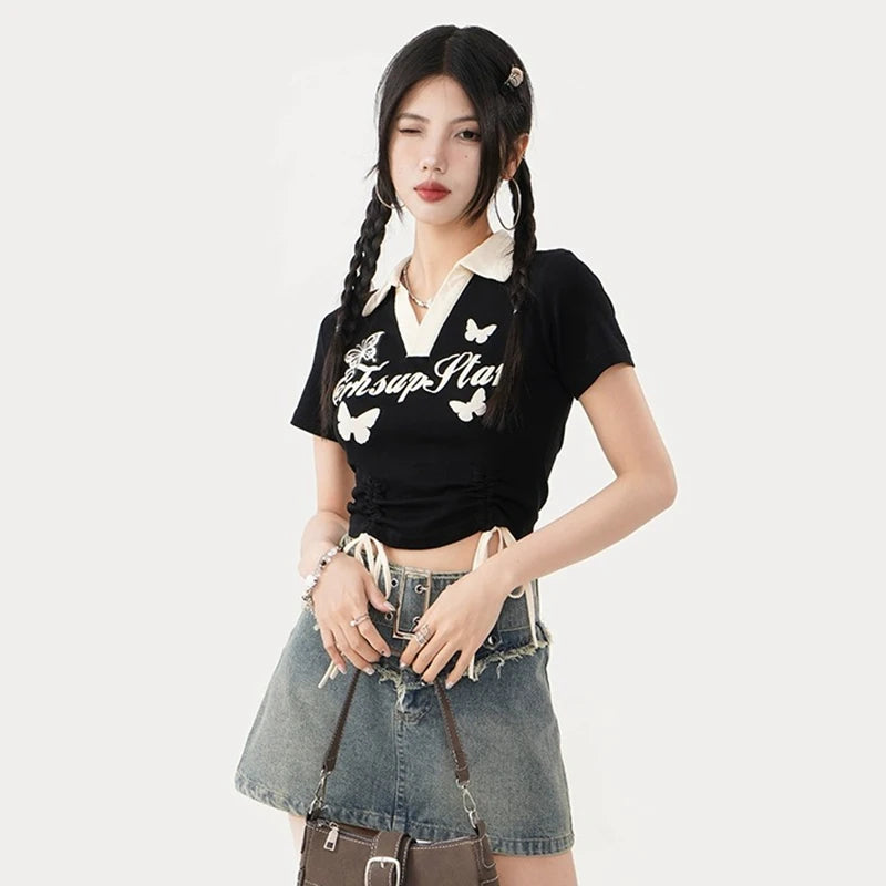 Women Versatile V-Neck Y2k Clothes Lady Korean Vintage Leisure Short Sleeved T-shirts Female Drawstring Tie Up Graphic Tops