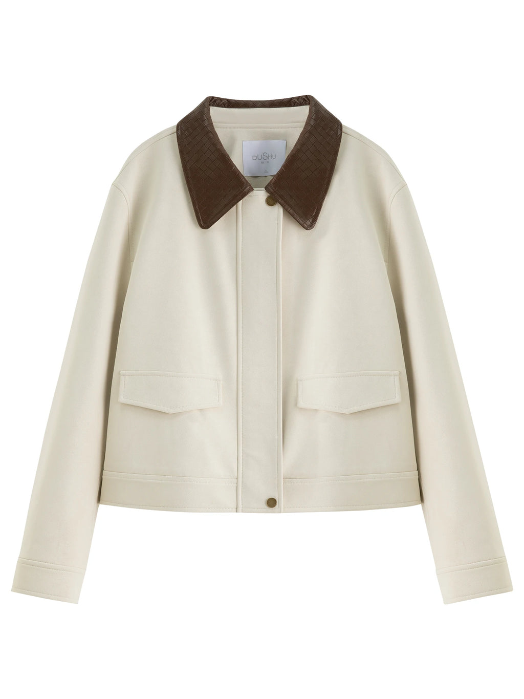 DUSHU Contrast Color Woven Leather Collar Jacket Women 2025 Autumn Drop Shoulder Short Coat Cleanfit Streetwear Leisure