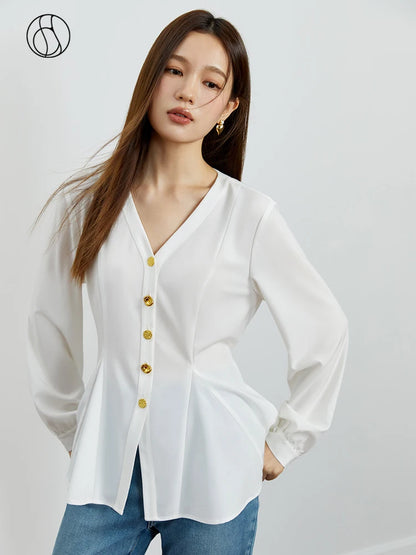 DUSHU V-Neck Women Single Breasted Long Sleeve Black Shirt Commuter Tie-Waist Slim White Autumn Blouses Office Lady Tops