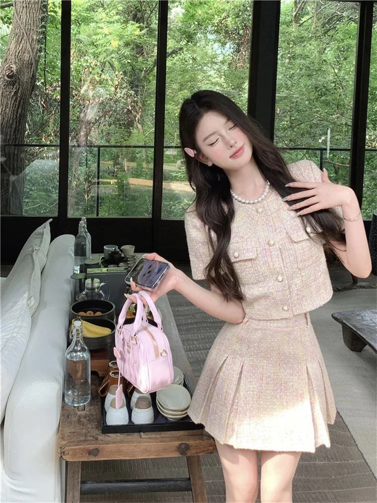 Korea Elegant Two Piece Sets Vintage Office Lady Chic Fashion Puff Sleeve Crop Top + A Line Mini Skirts Suit Retro Summer Outfit