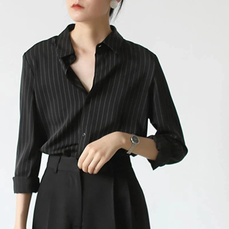 MEXZT Vintage Black Striped Shirts Women Office Long Sleeve Loose Casual Blouses Lady Korean Fashion Elegant Chic All Match Tops