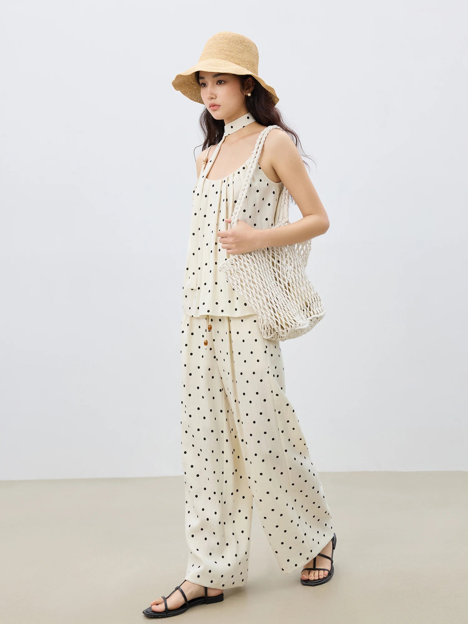 ZIQIAO Women 2025 Summer Vest+Pant Sets Holiday Style Polka Dot Camisole Tops Elastic Waist Casual Long Trousers