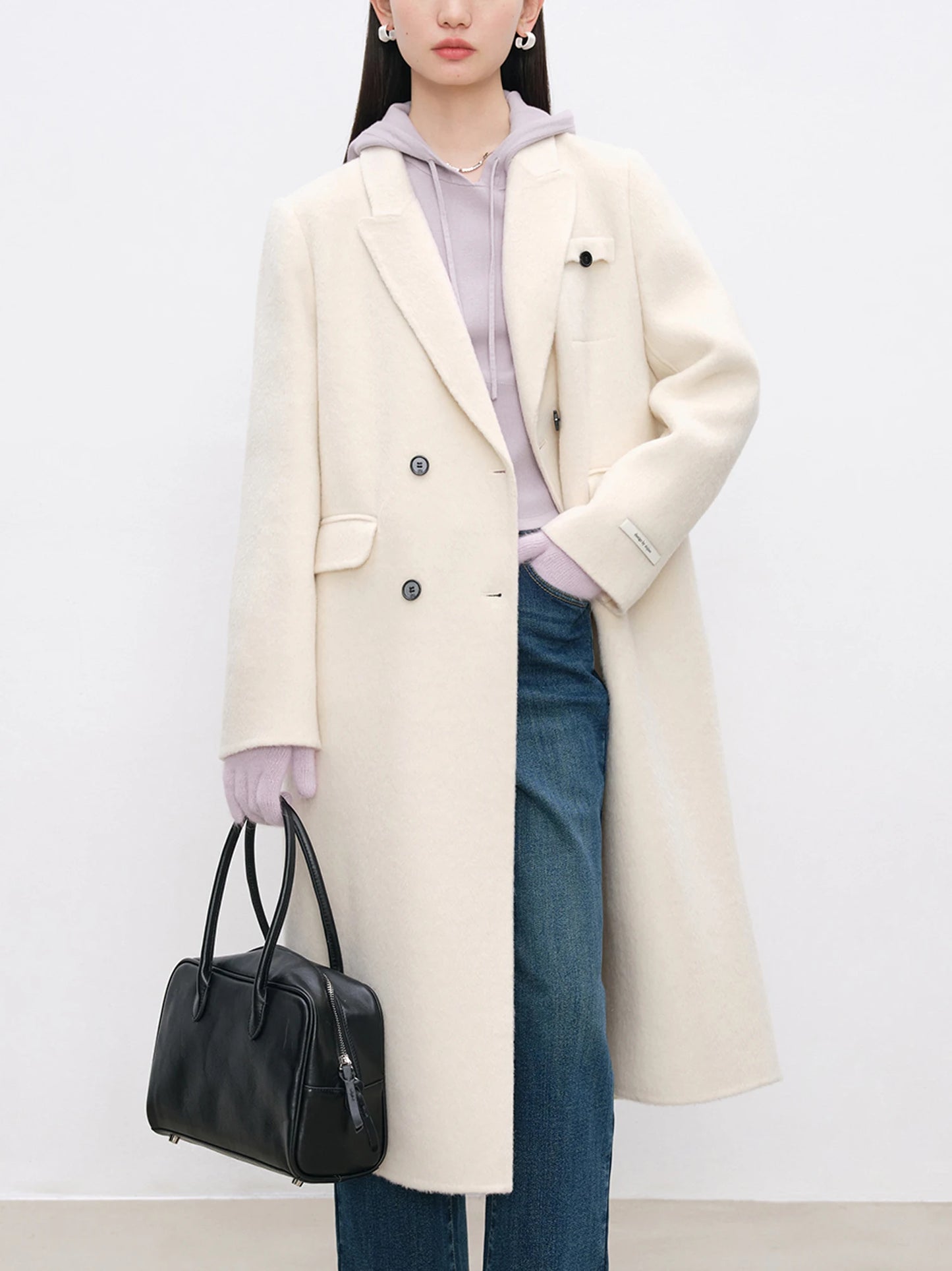 ZIQIAO Women Notched Collar Woolen Coat Beige Simple Double Breasted Long Front Shoulder Wool Coat 100% Wool Coat 24ZQ94123