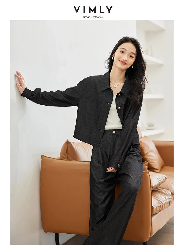 VIMLY Women's Winter New Vintage Casual Matching Set Autumn Simple New Cardigan Jacket+Wide Leg Pants Commuter Two Piece Set