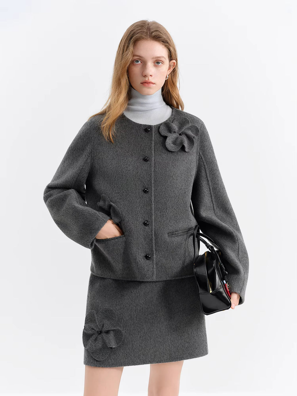 2025 Winter Women Short Wool Blend Coat Set with 3D Floral Pattern - Elegant Two-Piece Outerwear for Casual and Date Nights