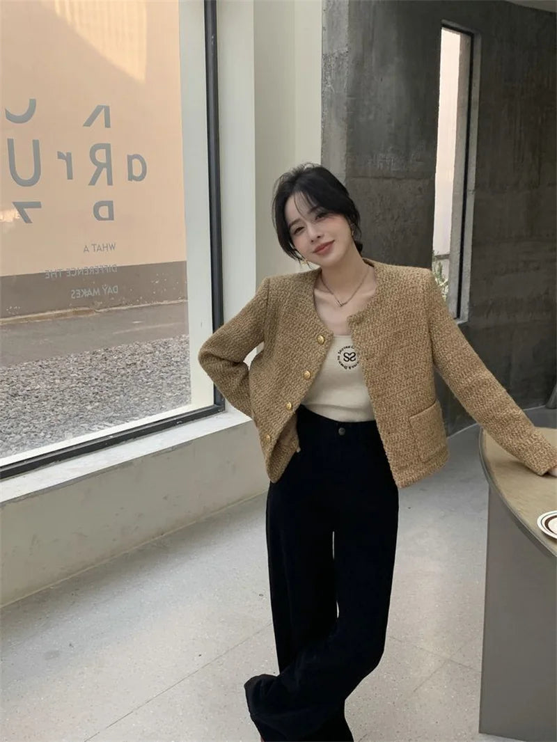 Fashion Loose Round Neck Beautiful Women Loose Spring And Autumn Short Retro High Quality Temperament Round Collar Tweed Coat