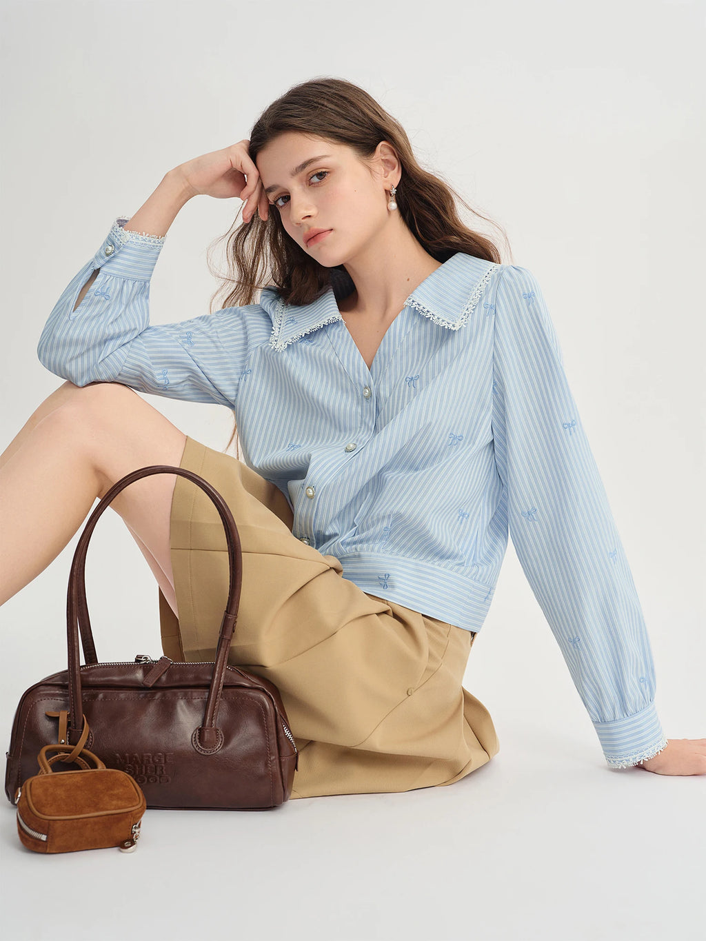 DUSHU Plus Size Women's Lace Trim V-Neckline Striped Shirt Fall 2025 New Arrival Fashion Commuting Top Women Shirts