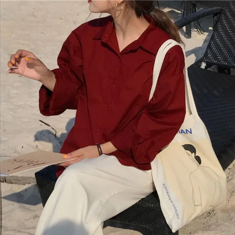 Burgundy Shirts Women Vintage Single Breasted Long Sleeve Baggy Preppy Style Fashion Simple Beach Holiday Korean Retro Oversize