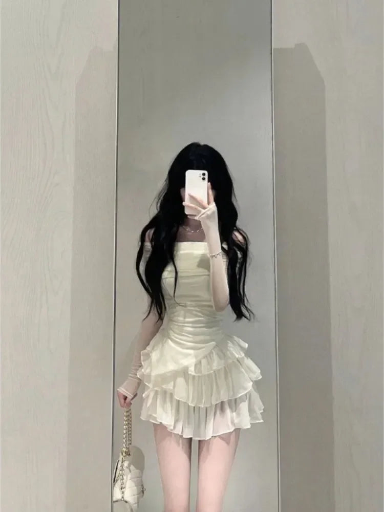 Two Pieces Skirt Set Women Y2k Crop Tops T-shirt + Cake Skirts Japanese Kawaii Fashion Suits Chic Outwear Korean