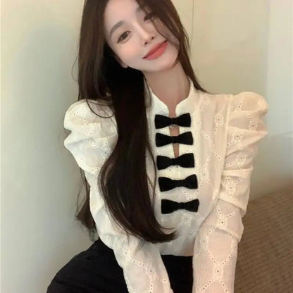 Women's shirt French bow design sense small long sleeve shirt 2024 spring and autumn new slim lace top