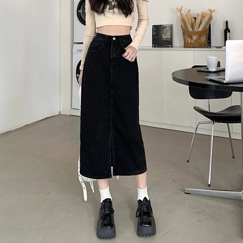 Women's Denim Wrap Skirts Retro High Waisted Split A-Line Denim Skirt Autumn Fashion Straight Skirt Female