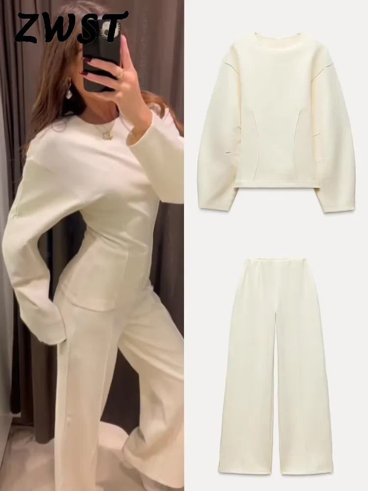 Fashion White Top Pants Set Women Elegant Long Sleeve O-neck Pleated Tops Wide Leg Trousers 2024 Autumn Office Lady Suit