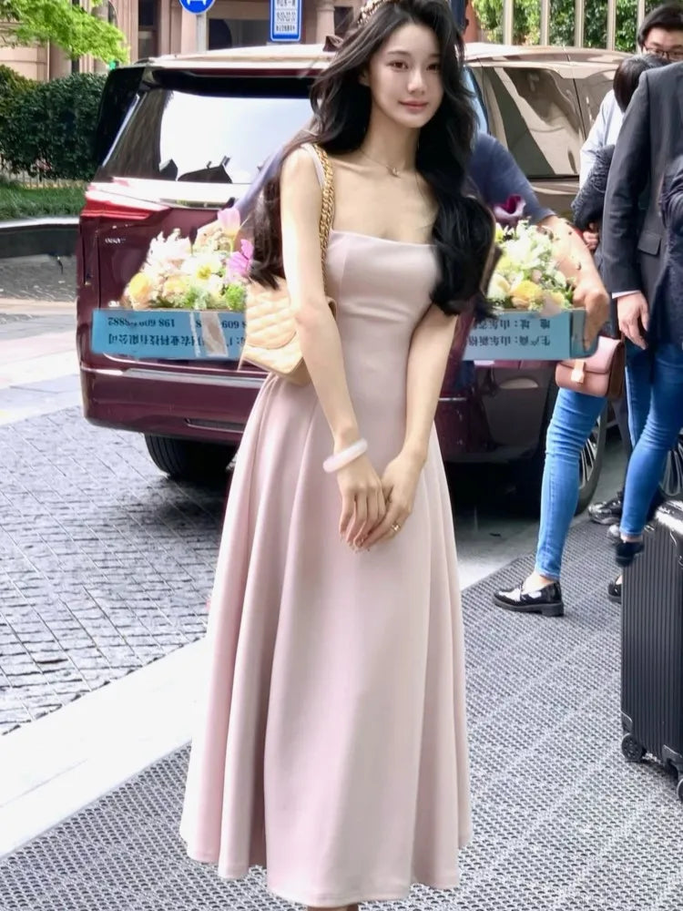Solid Midi Dress Women French Elegant Holiday Party Dresses A-line Prom Robe Wedding Vestidos Ladies Clothes New