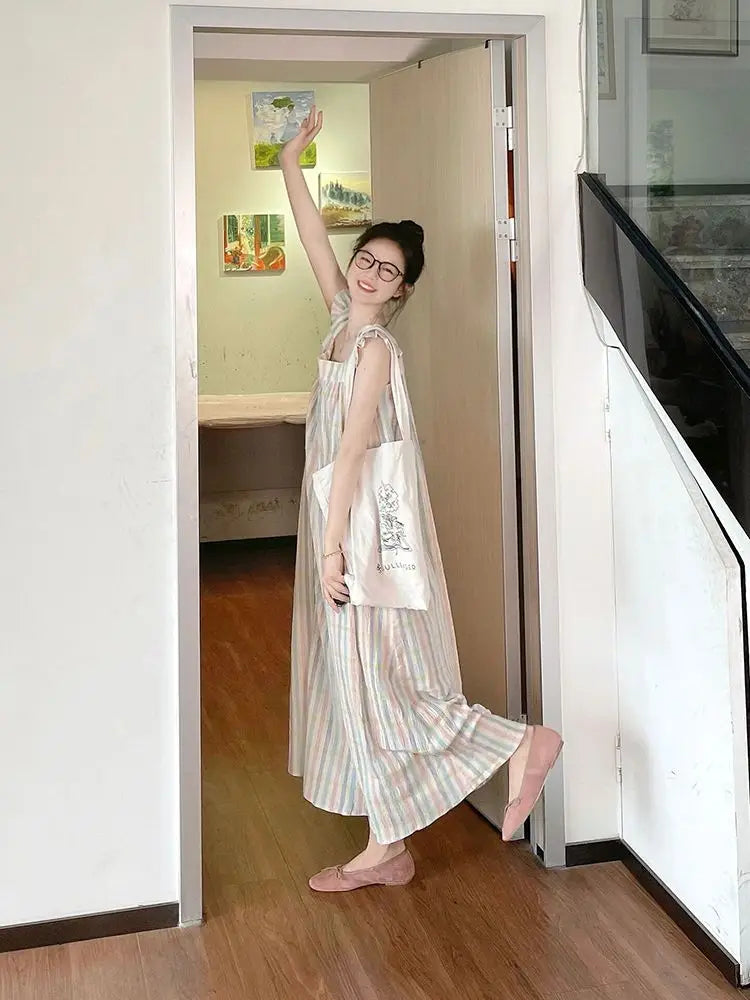New Korean Style Sweet Pajamas Dress Spagehtti Strap Long Nightgown Home Clothing Female Cute Colorful Striped Loungewear