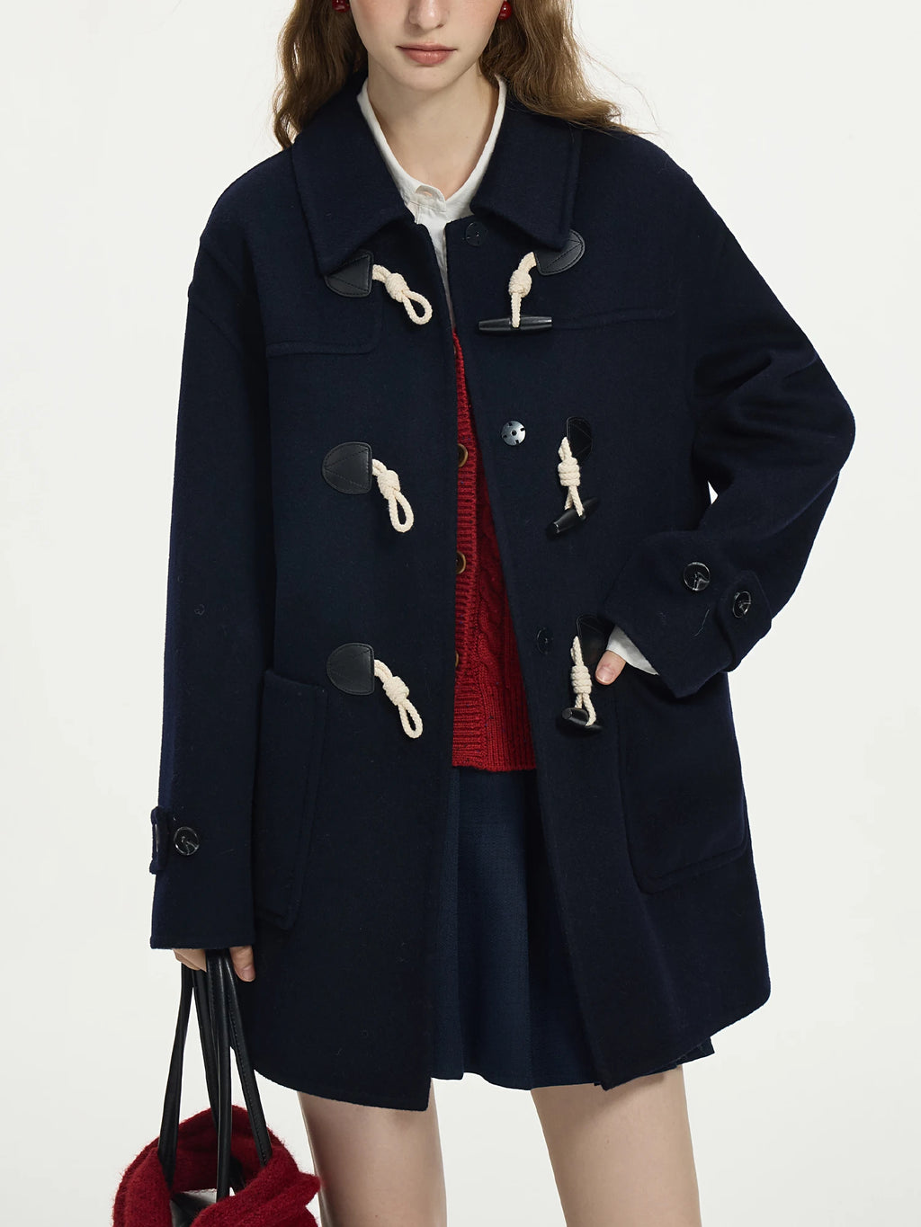 FSLE 100% Wool Two Color College Style Cowl Button Reversible Tweed Coat for Women 2024 Winter New Design Casual Jacket24FS14239