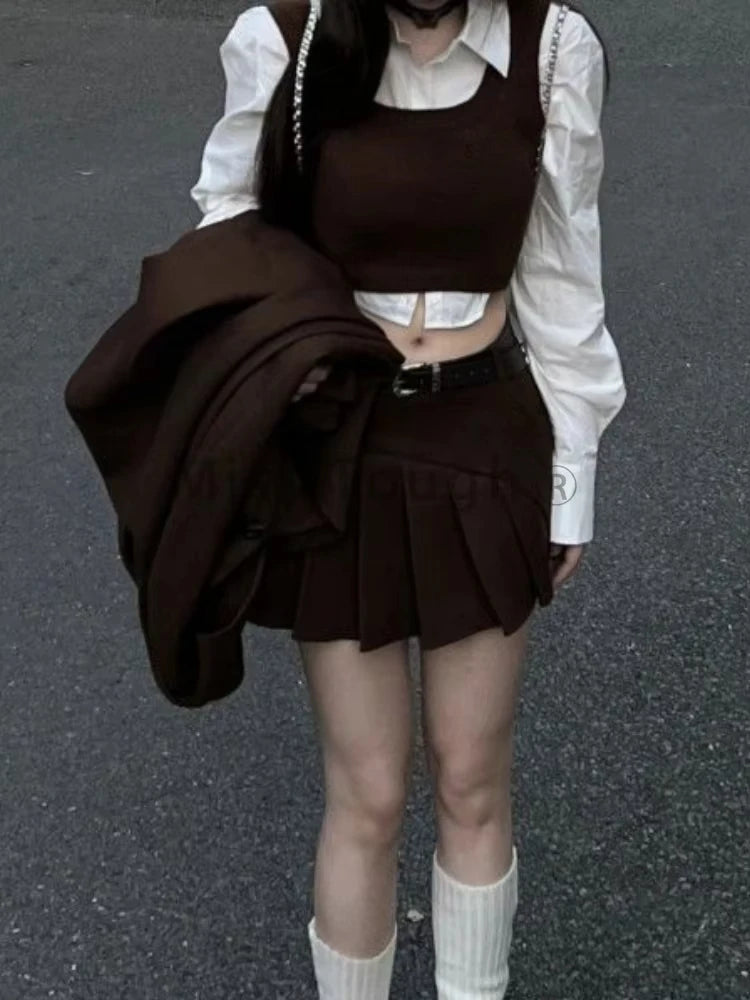 Fashion Vintage Loose Knit 4 Pieces Set Women Design Elegant Solid Lapel Long Sleeve Tops Female + High Waist Ruffle Short Skirt