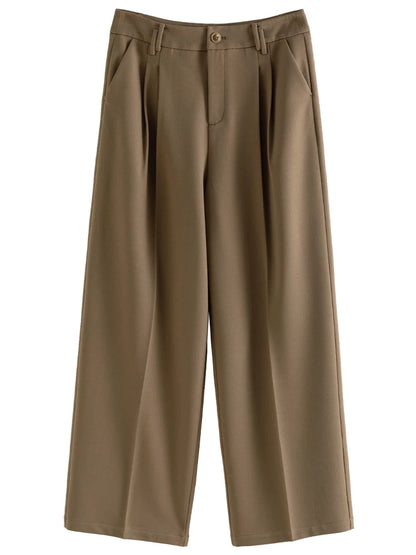 DUSHU Women Straight Leg Commuting Long Trousers Pleated Design Retro Khaki Brown Office Lady Suit Pant Spring Trouser 24DS81158