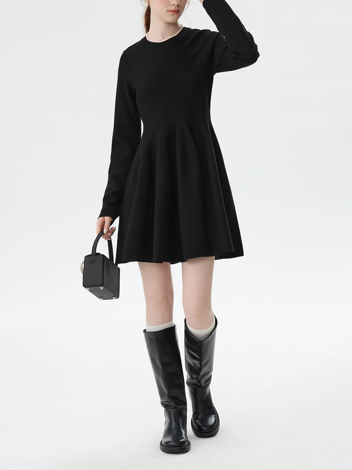 FSLE Women Winter Black Mini Dress Commuter Black Round Neck Knitted Above-knee Length Dresses French Floral Bud Dress 24FS14487