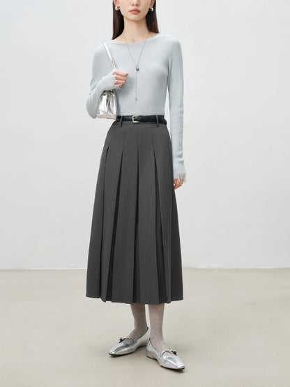 ZIQIAO Women Long Skirts College Style Female Winter Grey Pleated Design A-LINE Skirt Side Zipper Waist Suit Skirt 24ZQ94190