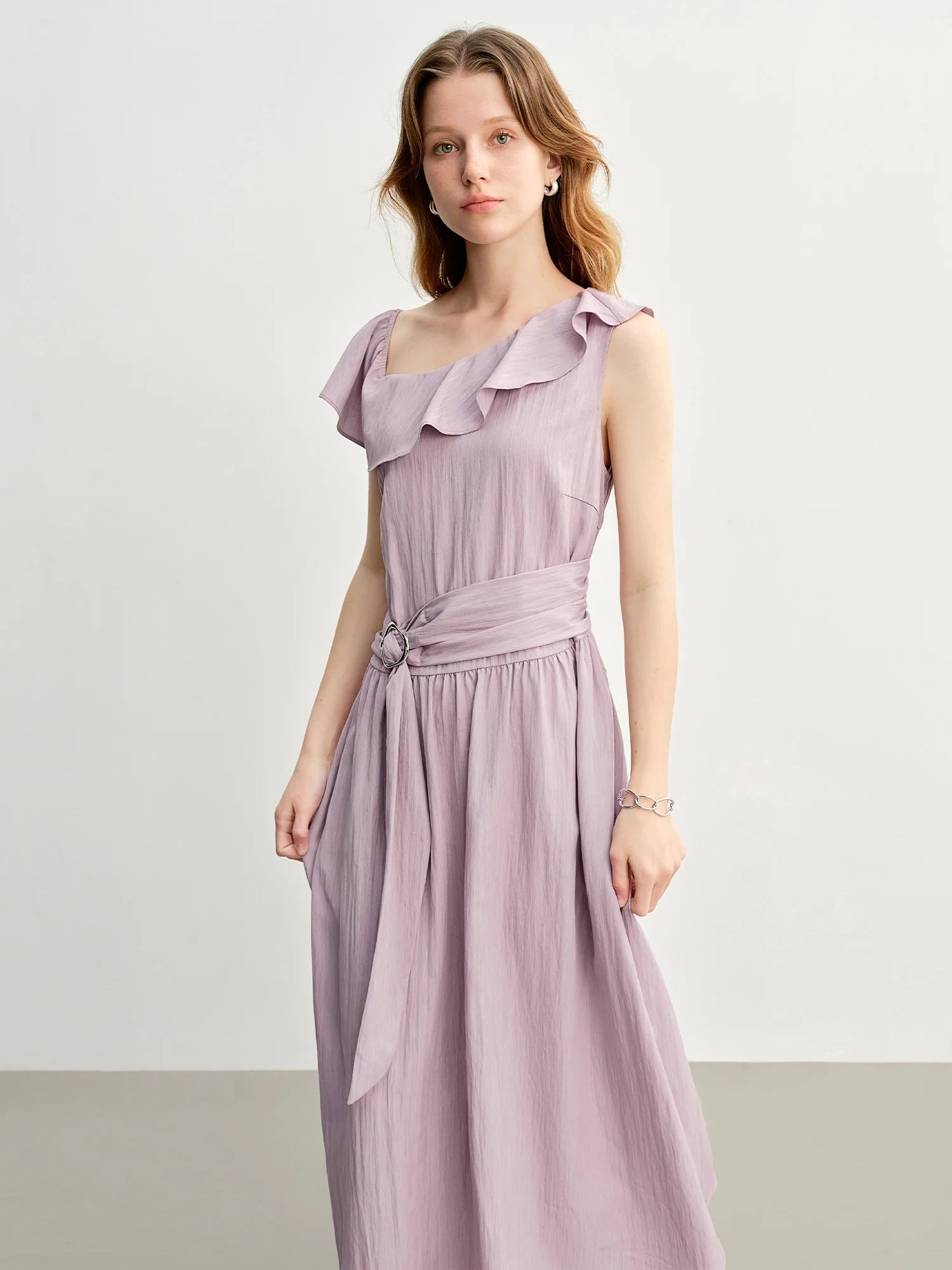 DUSHU Light Purple Romantic Ruffled Off-shoulder Sleeveless Dress 2025 Summer New Arrival Long Dress Holiday Season