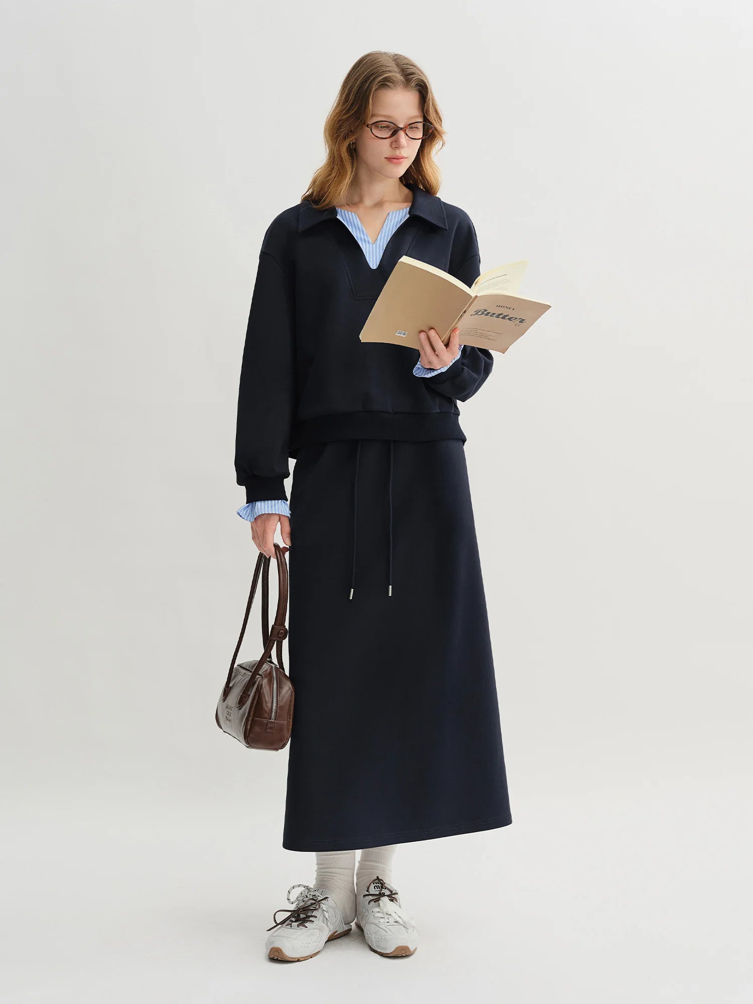 DUSHU Plus Size Navy Blue Long Sleeve Top Skirt Fashion Set 2025 Autumn New Arrival Splicing Sweater Skirt